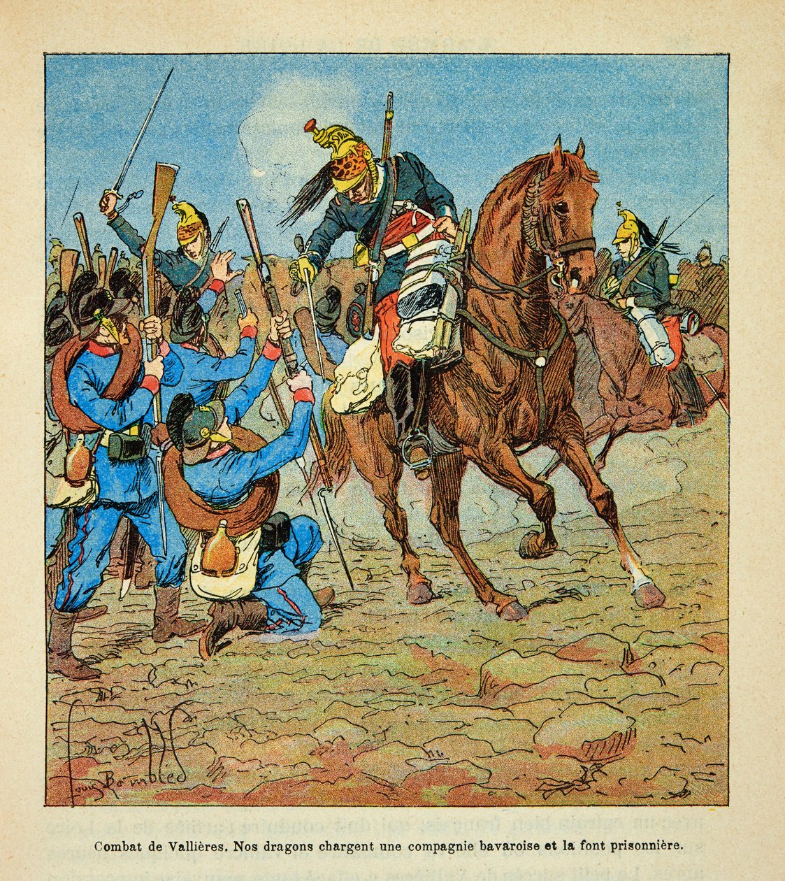 The Armee of the Loire af Eugene Sergent, kendt som Grenest, illustreret af Louis Bombled (1862-1927) (den fransk-tyske krig; kampagne 1870 -1871): Slaget ved Vallieres i november 1870 angreb franske drager et bayersk kompagni og laver it-fange, menig C af Louis Charles Bombled