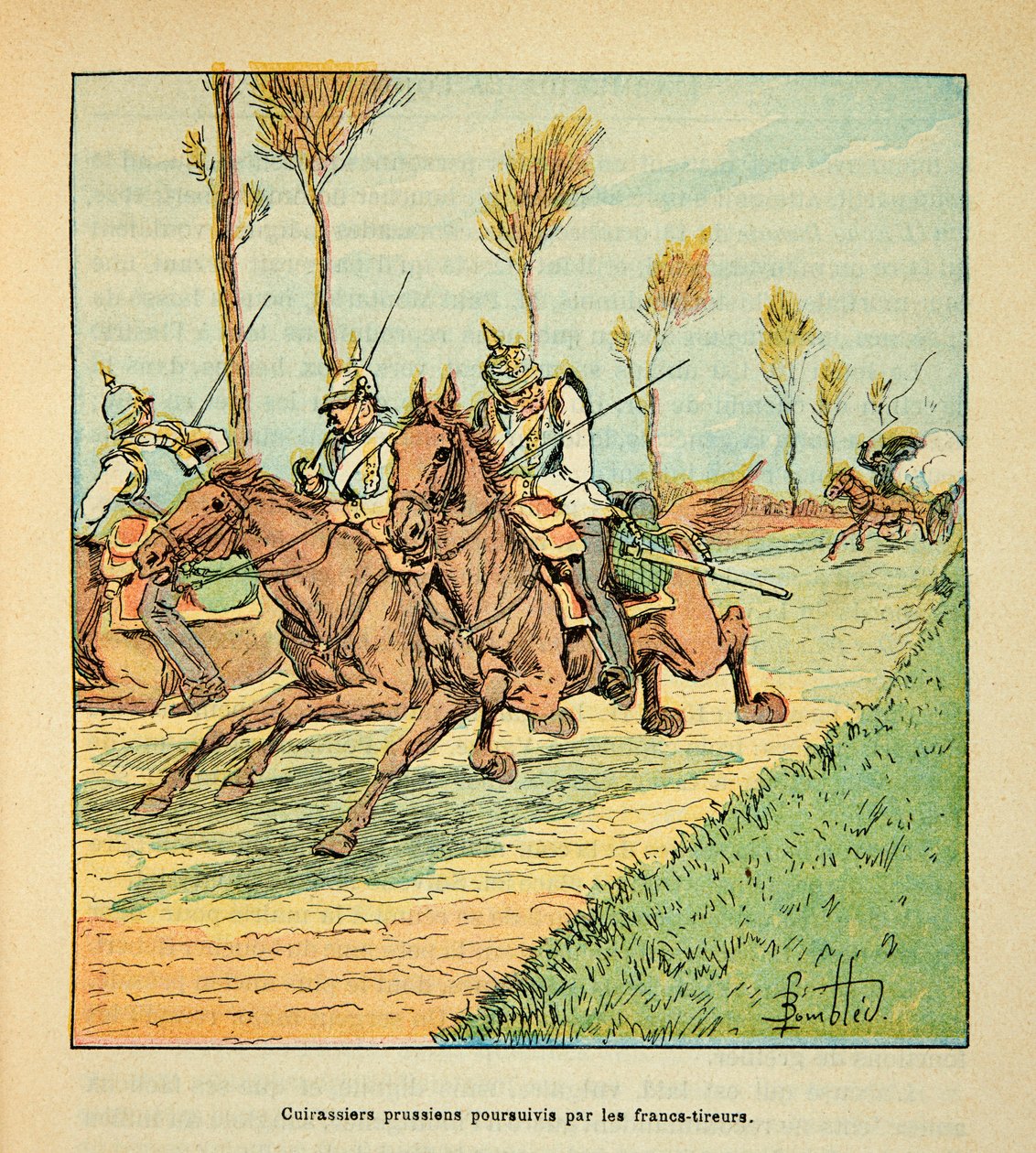 The Armee of the Loire af Eugene Sergent, kendt som Grenest, illustreret af Louis Bombled (1862-1927) (fransk-tyske krig; kampagne 1870 -1871): Preussiske kurassister forfulgt af freicisterne i oktober 1870, privat samling af Louis Charles Bombled