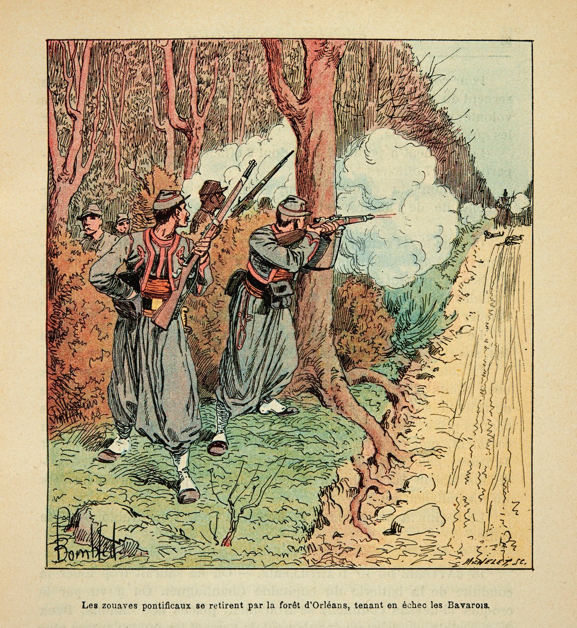 The Armee of the Loire af Eugene Sergent, kendt som Grenest, illustreret af Louis Bombled (1862-1927) (fransk-tyske krig; kampagne 1870-1871): Krigen i Orleans, de pavelige zouave trak sig tilbage gennem skoven i Orleans med Bayern i skak på af Louis Charles Bombled