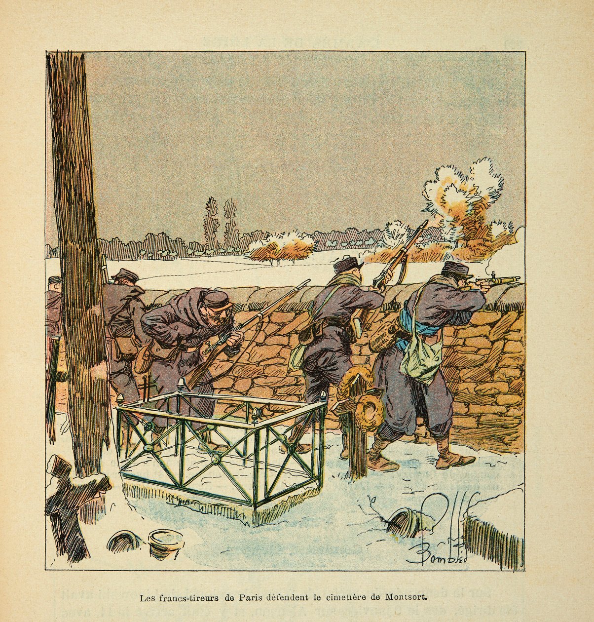 Arme af Loire af Eugene Sergent, kendt som Grenest, illustreret af Louis Bombled (1862-1927) (Franco-German War; Kampagne fra 1870 -1871): De franske skydespil i Paris forsvarer Montsort (Alencon) i januar i januar 1871, privat samling af Louis Charles Bombled