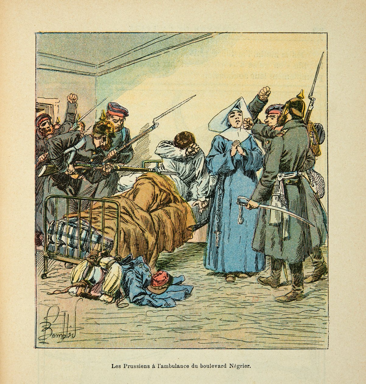 The Armee of the Loire af Eugene Sergent, kendt som Grenest, illustreret af Louis Bombled (1862-1927) (fransk-tyske krig; kampagne 1870 -1871): Preussere ved ambulancen på Boulevard Negrier au Mans i januar 1871, privat samling af Louis Charles Bombled