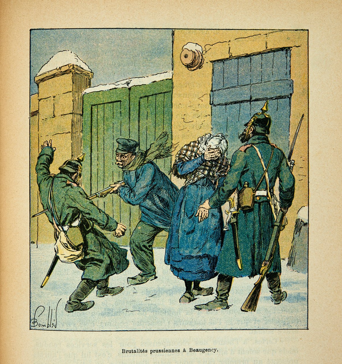 The Armee of the Loire af Eugene Sergent, kendt som Grenest, illustreret af Louis Bombled (1862-1927) (fransk-tyske krig; kampagne 1870-1871): I Beaugency forsvarer indbyggerne sig mod de preussiske brutaliteter i december 1870, menig Collec af Louis Charles Bombled