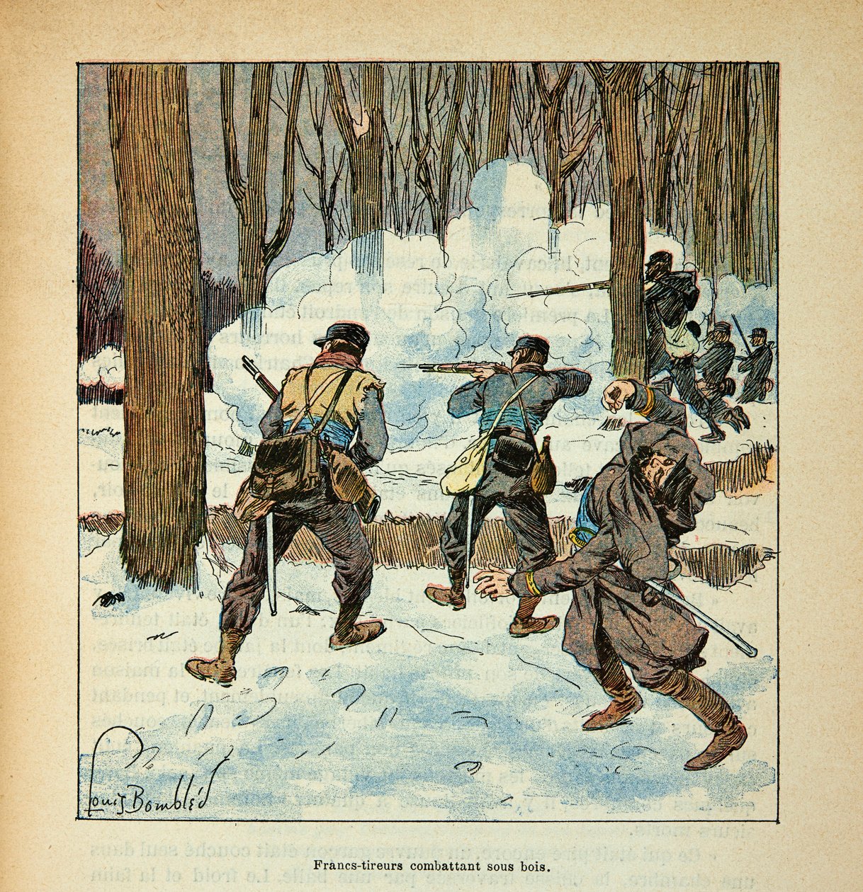 The Armee of the Loire af Eugene Sergent, kendt som Grenest, illustreret af Louis Bombled (1862-1927) (den fransk-tyske krig; kampagne 1870 -1871): Francs-skytter Fransk jager under træ, privat samling af Louis Charles Bombled