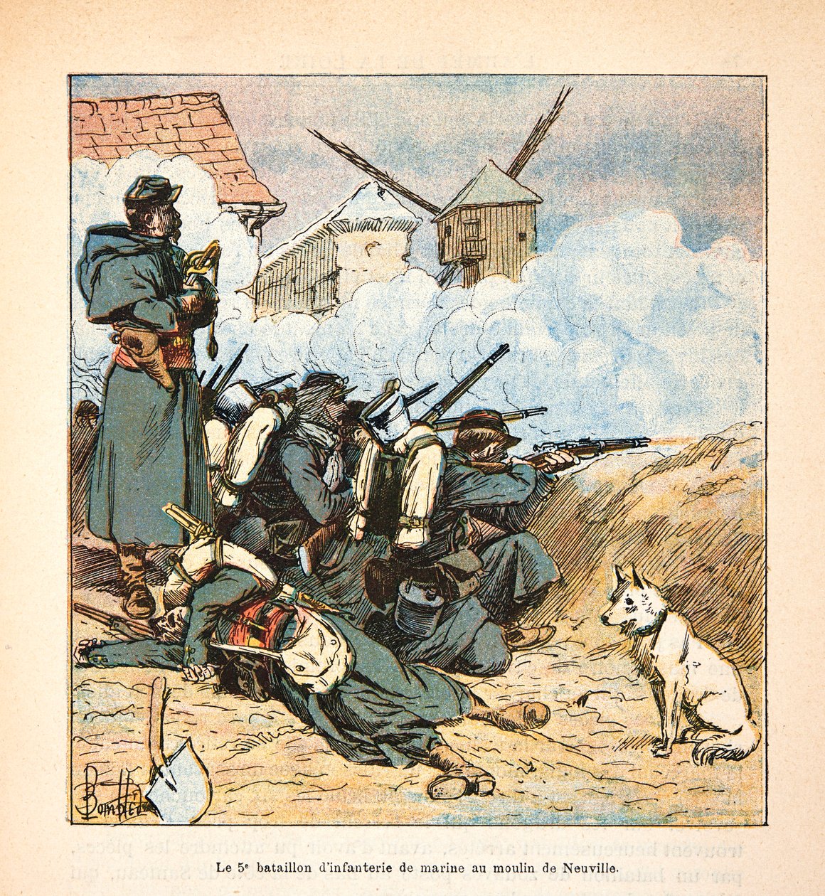 The Armee of the Loire af Eugene Sergent, kendt som Grenest, illustreret af Louis Bombled (1862-1927) (fransk-tyske krig; felttog 1870 -1871): Den 5. flådeinfanteribataljon ved møllen Neuville aux bois i december 1870, Privat samling af Louis Charles Bombled