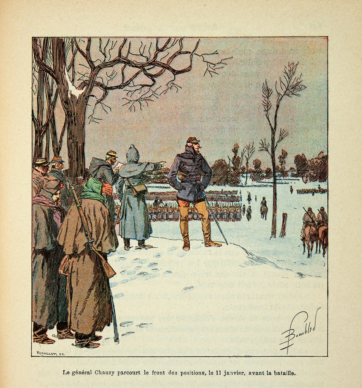 The Armee of the Loire af Eugene Sergent, kendt som Grenest, illustreret af Louis Bombled (1862-1927) (den fransk-tyske krig; kampagne 1870 -1871): General Chanzy rejser foran stillinger den 11. januar før slaget, menig Kollektion af Louis Charles Bombled