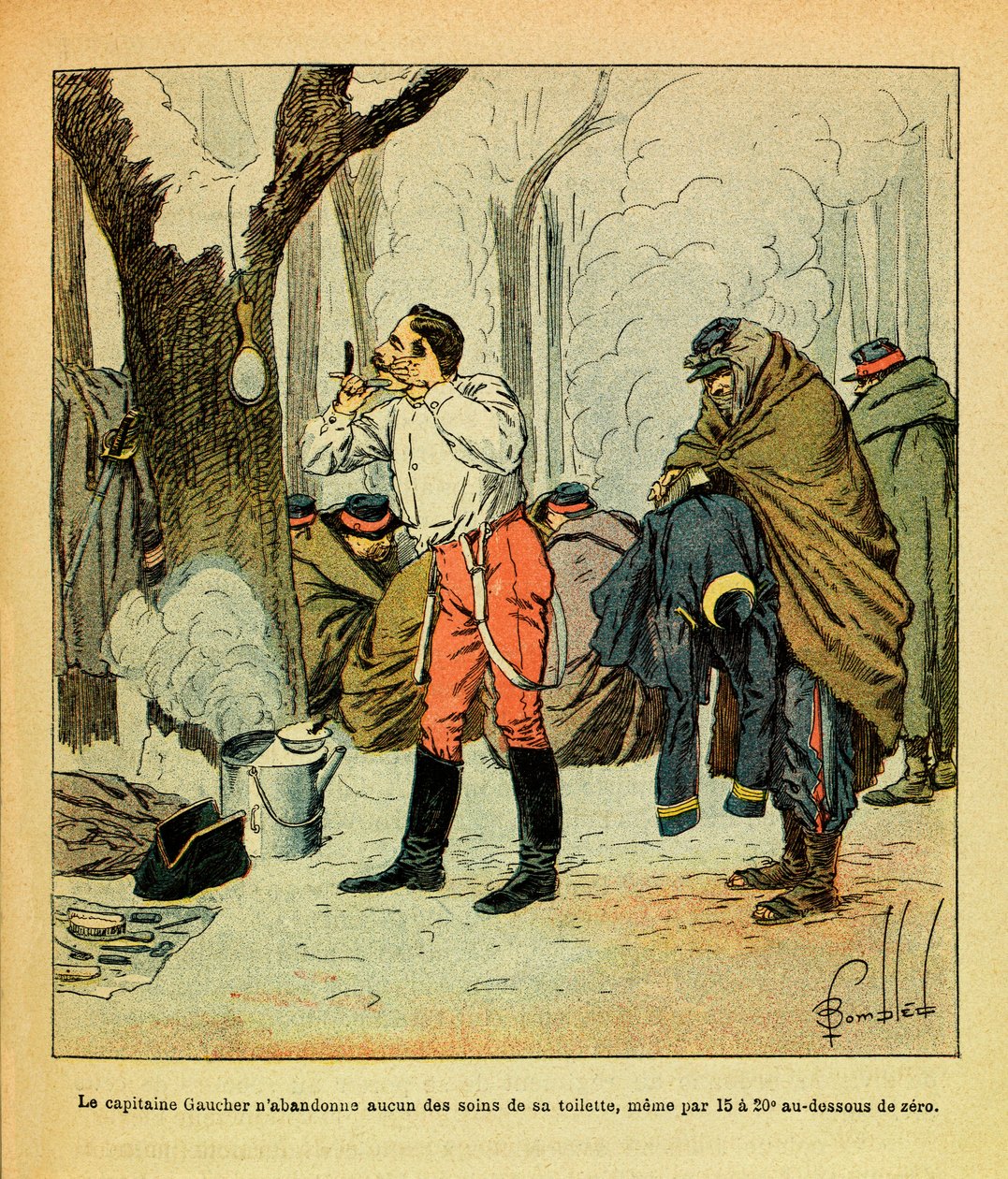 The Eastern Armee of Eugene Sergeant, dit Grenest, illustreret af Louis Bombled (1862-1927) (fransk-tyske krig; kampagne 1870-1871): Kaptajn Gaucher opgiver ikke noget af plejen af sit toilet selv midt i vinter, Privat Samling af Louis Charles Bombled