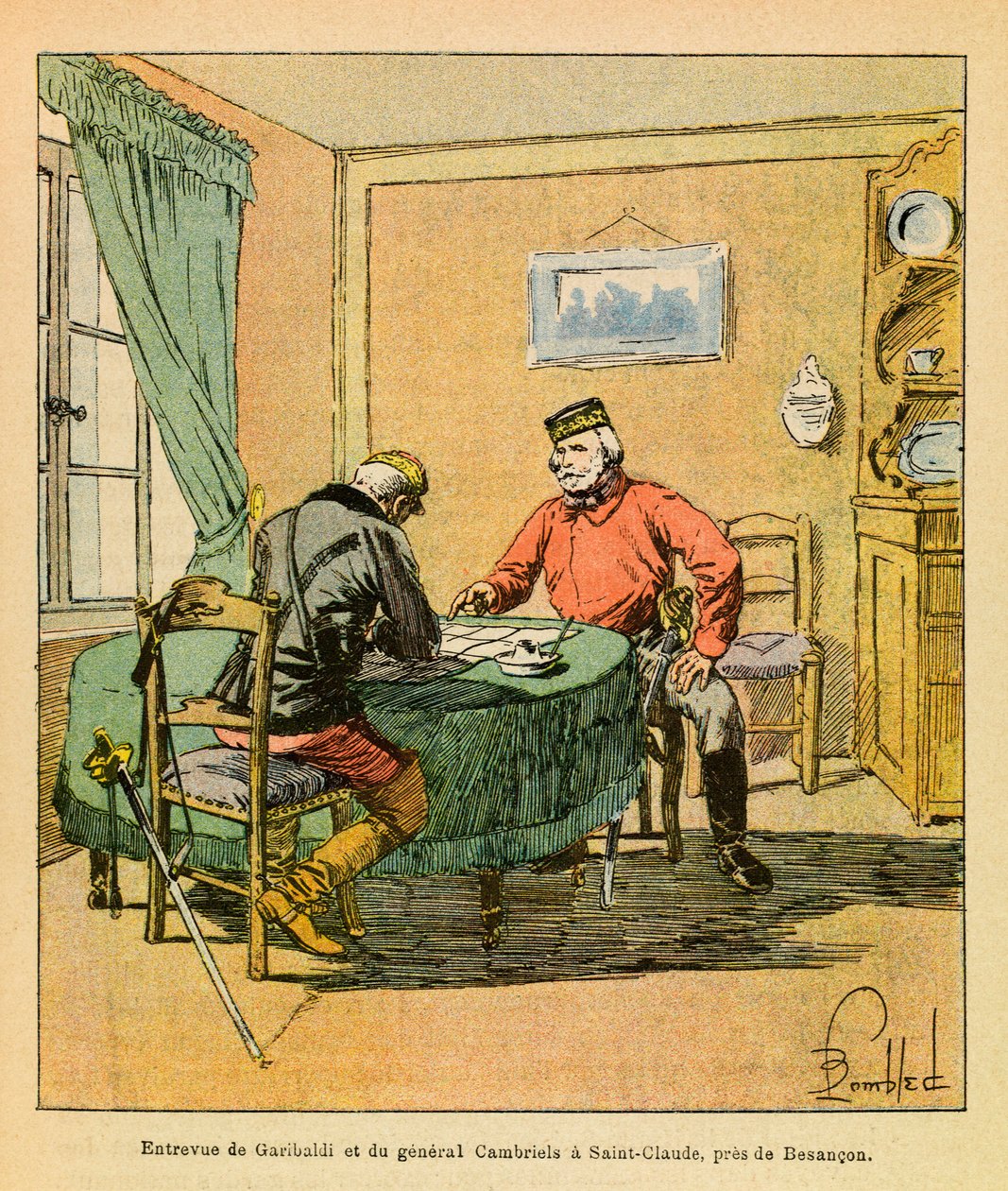 The Eastern Armee of Eugene Sergeant, dit Grenest, illustreret af Louis Bombled (1862-1927) (fransk-tyske krig; kampagne 1870-1871): Interview af Garibaldi og general Cambriels ved Saint Claude nær Besancon i oktober 1870, privat samling af Louis Charles Bombled