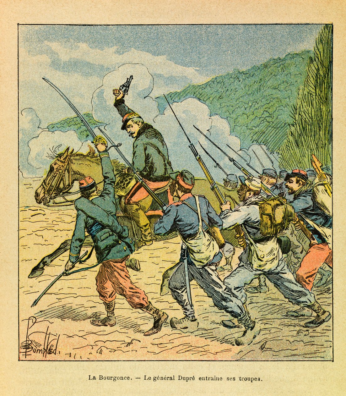 The Eastern Armee of Eugene Sergeant, dit Grenest, illustreret af Louis Bombled (1862-1927) (fransk-tyske krig; kampagne 1870-1871): General Dupre har lederen af sine mænd i slaget ved La Bourgonce i oktober 1870, Privat samling af Louis Charles Bombled