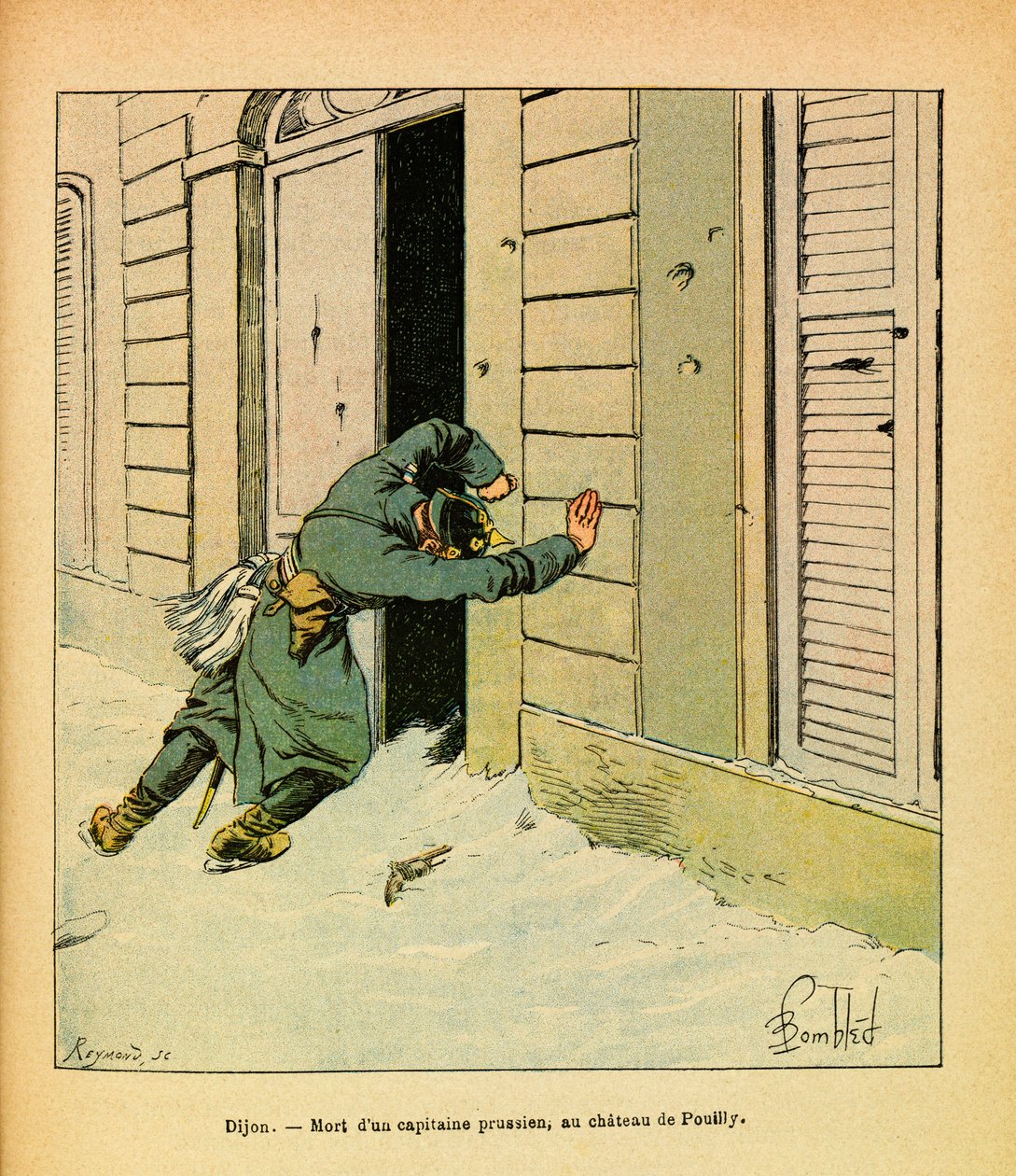 The Eastern Armee of Eugene Sergeant, dit Grenest, illustreret af Louis Bombled (1862-1927) (fransk-tyske krig; kampagne 1870-1871): En preussisk kaptajns død på Chateau de Pouilly, privat samling af Louis Charles Bombled