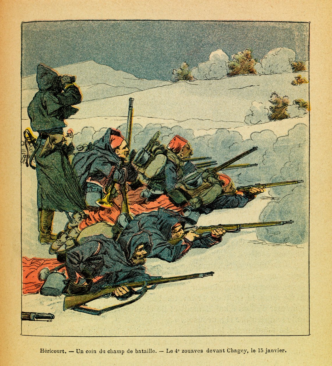 The Eastern Armee of Eugene Sergeant, dit Grenest, illustreret af Louis Bombled (1862-1927) (fransk-tyske krig; kampagne 1870-1871): Hericourt, et hjørne af slagmarken; den 4. Zouave før Chagey den 15. januar af Louis Charles Bombled