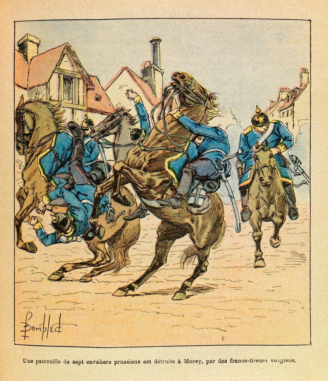 The Eastern Armee of Eugene Sergeant, dit Grenest, illustreret af Louis Bombled (1862-1927) (fransk-tyske krig; kampagne 1870-1871): I december 1870 blev en patrulje på syv preussiske ryttere ødelagt i Morey af vosgianske snigskytter, Særlig Samling af Louis Charles Bombled