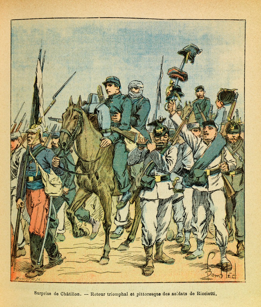 The Eastern Armee of Eugene Sergeant, dit Grenest, illustreret af Louis Bombled (1862-1927) (fransk-tyske krig; felttog 1870-1871): Ricciottis tropper under slaget ved Chatillon sur Seine i november 1870, privat samling af Louis Charles Bombled