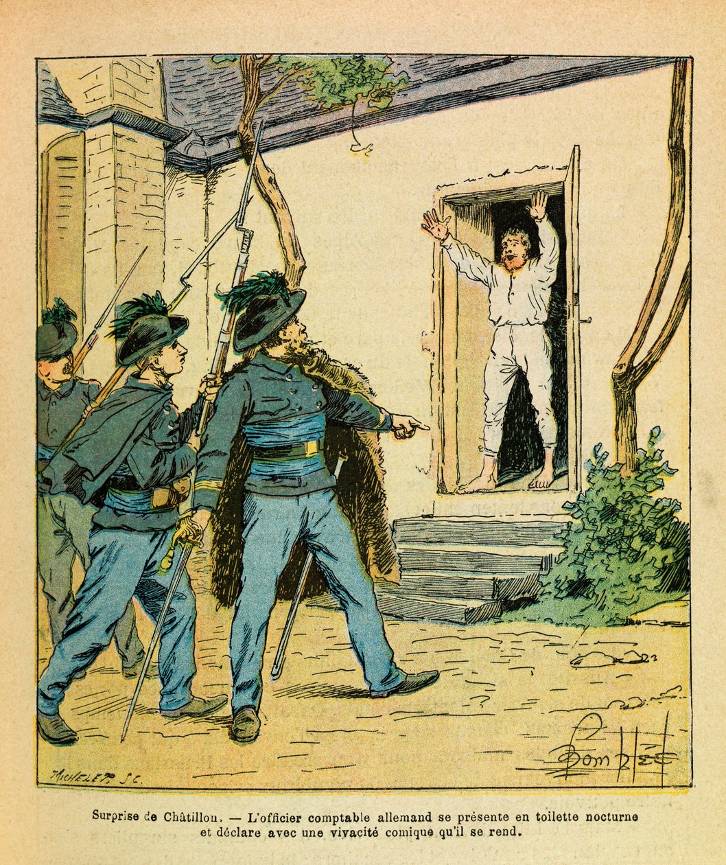 The Eastern Armee of Eugene Sergeant, dit Grenest, illustreret af Louis Bombled (1862-1927) (fransk-tyske krig; kampagne 1870 -1871): November 1870, I Chatillon sur Seine, fangede kaptajn Michard den tyske regnskabsfører på hotellet de la Cote d af Louis Charles Bombled