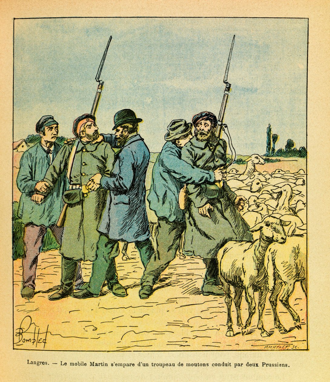 The Eastern Armee of Eugene Sergeant, dit Grenest, illustreret af Louis Bombled (1862-1927) (fransk-tyske krig; kampagne 1870 -1871): Martin-mobilen, forklædt som en bonde, beslaglagde en flok får ledet af to preussere til Langres i November 1870, Priv af Louis Charles Bombled