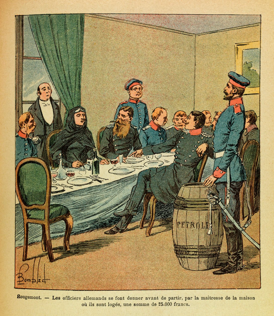 The Eastern Armee of Eugene Sergeant, dit Grenest, illustreret af Louis Bombled (1862-1927) (fransk-tyske krig; kampagne 1870 -1871): I Rougemont blev de tyske officerer givet før afgang, af elskerinden i huset, hvor de er loger, en sum af Louis Charles Bombled