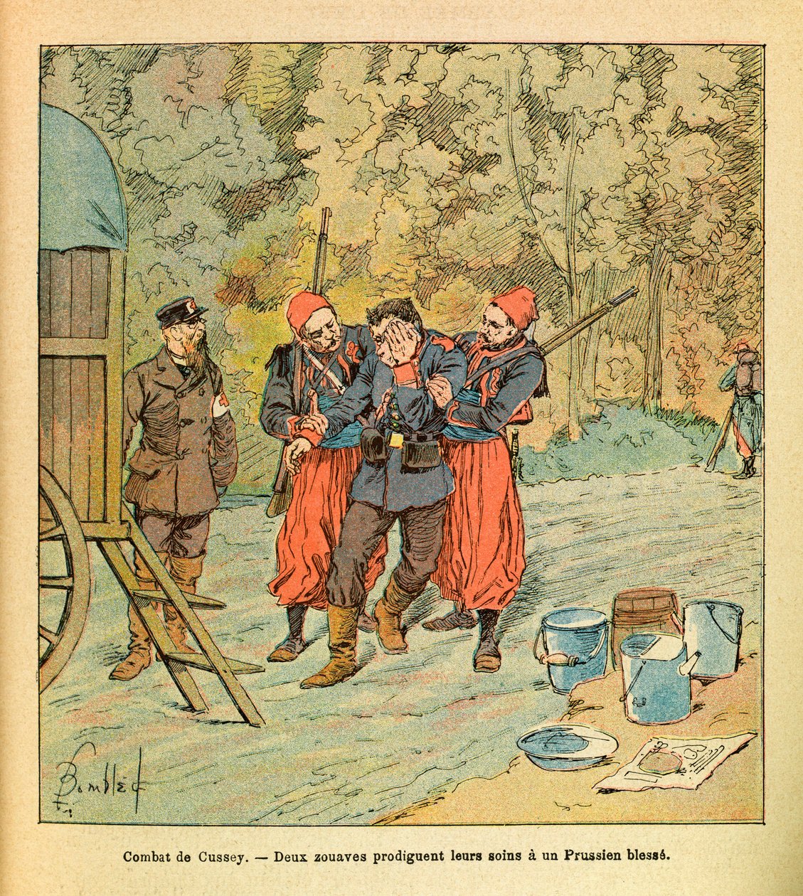 The Eastern Armee of Eugene Sergeant, dit Grenest, illustreret af Louis Bombled (1862-1927) (fransk-tyske krig; kampagne 1870 -1871): Slaget ved Cussey, oktober 1870, to zouaver yder pleje til en såret preusser, indsamling delvis af Louis Charles Bombled