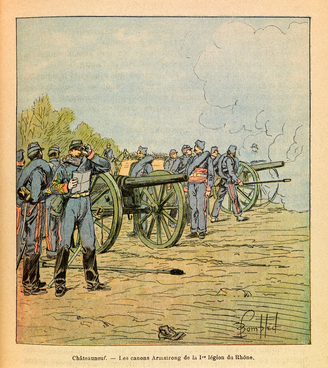 The Eastern Armee of Eugene Sergeant, dit Grenest, illustreret af Louis Bombled (1862-1927) (fransk-tyske krig; kampagne 1870 -1871): Foran Chateauneuf, Armstrong-kanonerne fra den første legion af Rhone i december 1870 , Privat Samling af Louis Charles Bombled