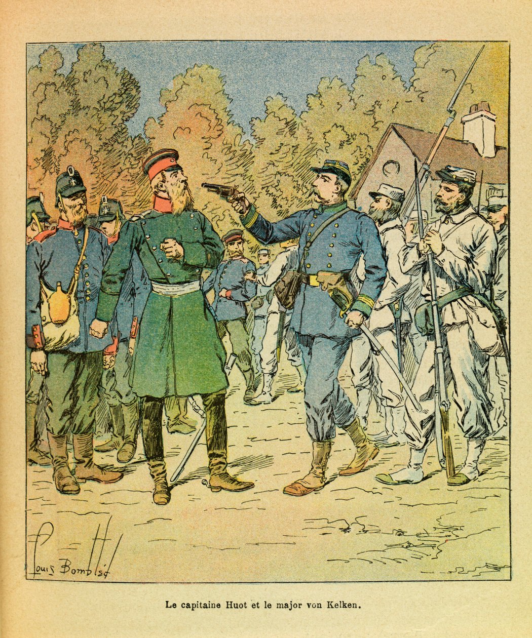 The Eastern Armee of Eugene Sergeant, dit Grenest, illustreret af Louis Bombled (1862-1927) (fransk-tyske krig; kampagne 1870-1871): I Franche Comte fangede kaptajnen på Huot Freiciners major Von Kelken under Razes hånd på 30. Oktober 1870, Pr af Louis Charles Bombled