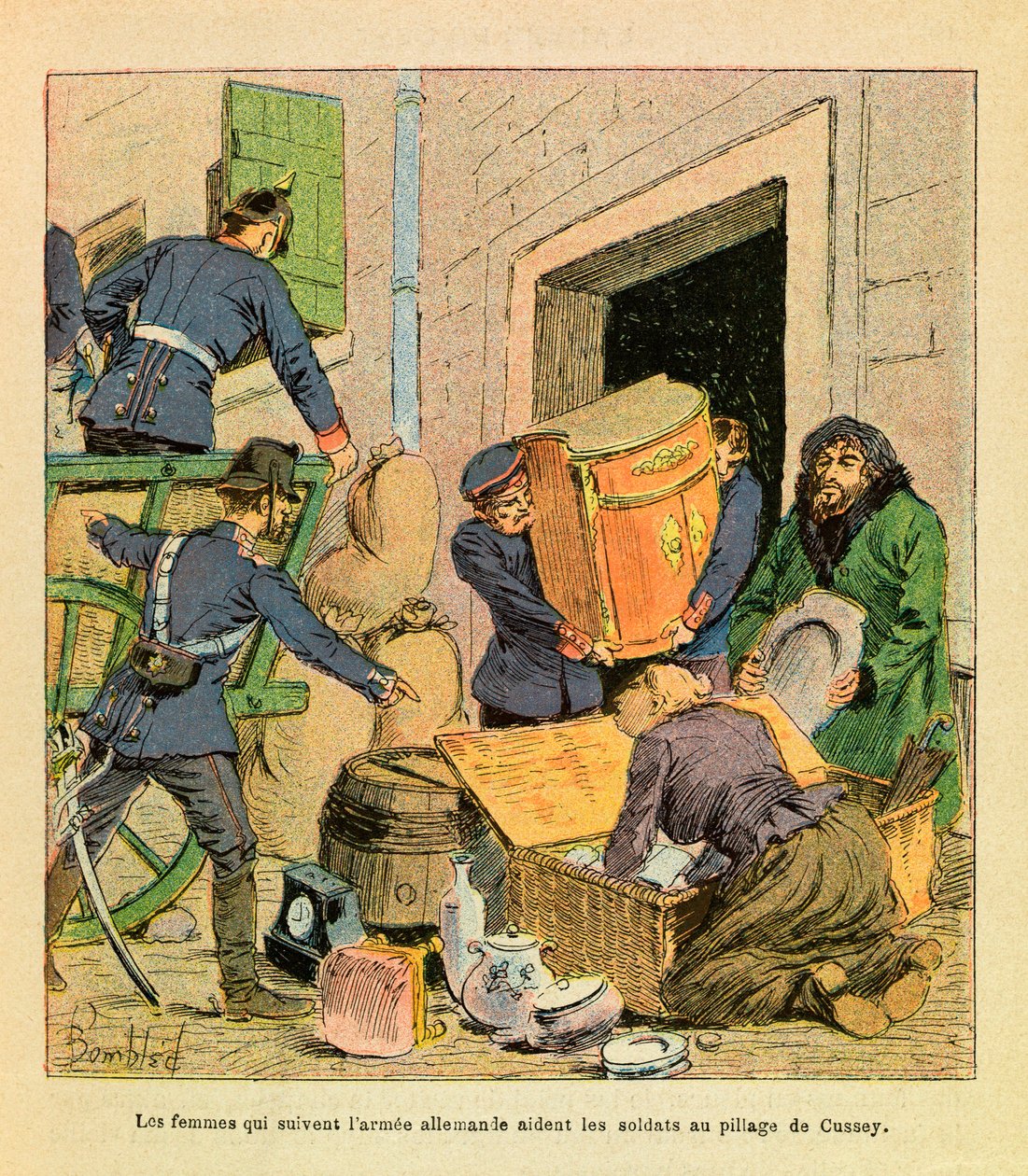 The Eastern Armee of Eugene Sergeant, dit Grenest, illustreret af Louis Bombled (1862-1927) (fransk-tyske krig; kampagne 1870-1871): Kvinderne, der fulgte den tyske hær, hjalp soldaterne med at plyndre byen Cussey efter den blev taget i oktober 187 af Louis Charles Bombled
