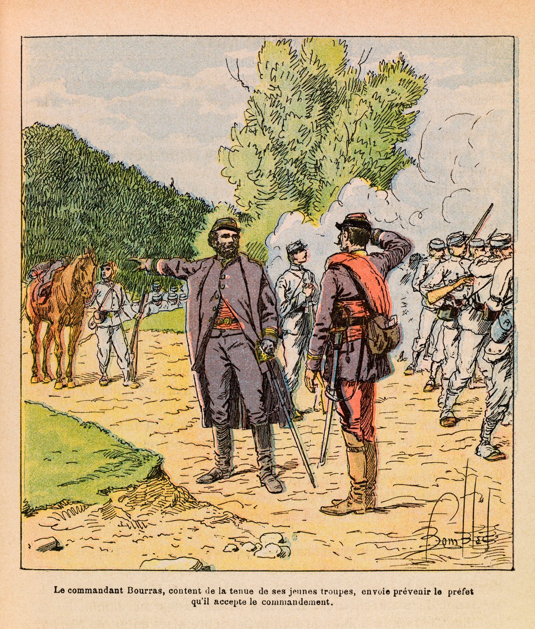 The Eastern Armee of Eugene Sergeant, dit Grenest, illustreret af Louis Bombled (1862-1927) (fransk-tyske krig; kampagne 1870-1871): Oberst Bourras under Brouvelieure-kampene i oktober 1870, privat samling af Louis Charles Bombled
