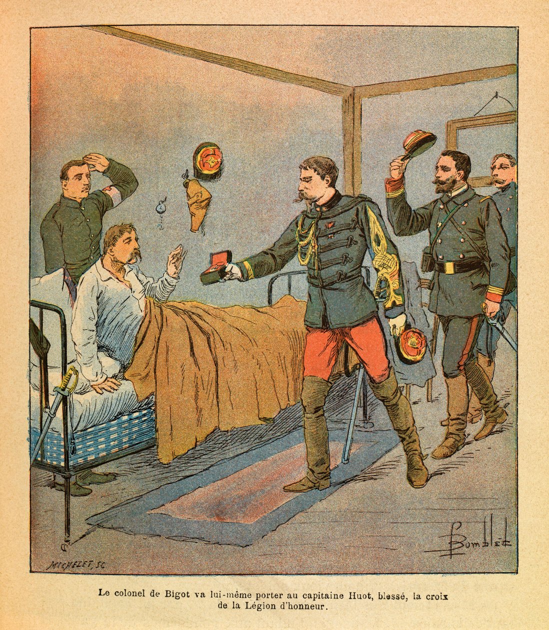 The Eastern Armee of Eugene Sergeant, dit Grenest, illustreret af Louis Bombled (1862-1927) (fransk-tyske krig; kampagne 1870-1871): Oberst De Bigot selv bragte kaptajn Huot korset af Æreslegionen efter kampene af Voujeaucourt i af Louis Charles Bombled