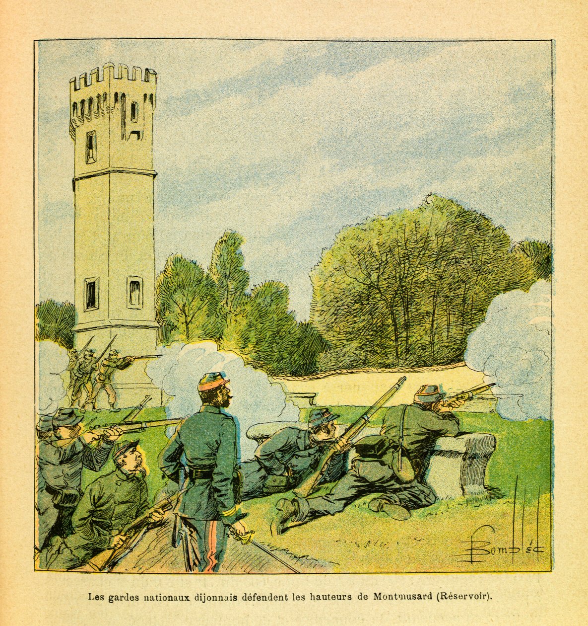 The Eastern Armee of Eugene Sergeant, dit Grenest, illustreret af Louis Bombled (1862-1927) (fransk-tyske krig; kampagne 1870 -1871): Forsvar af Dijon i oktober 1870, Dijonnais Nationalgarde forsvarer Montmusards højder, menig Kollektion af Louis Charles Bombled