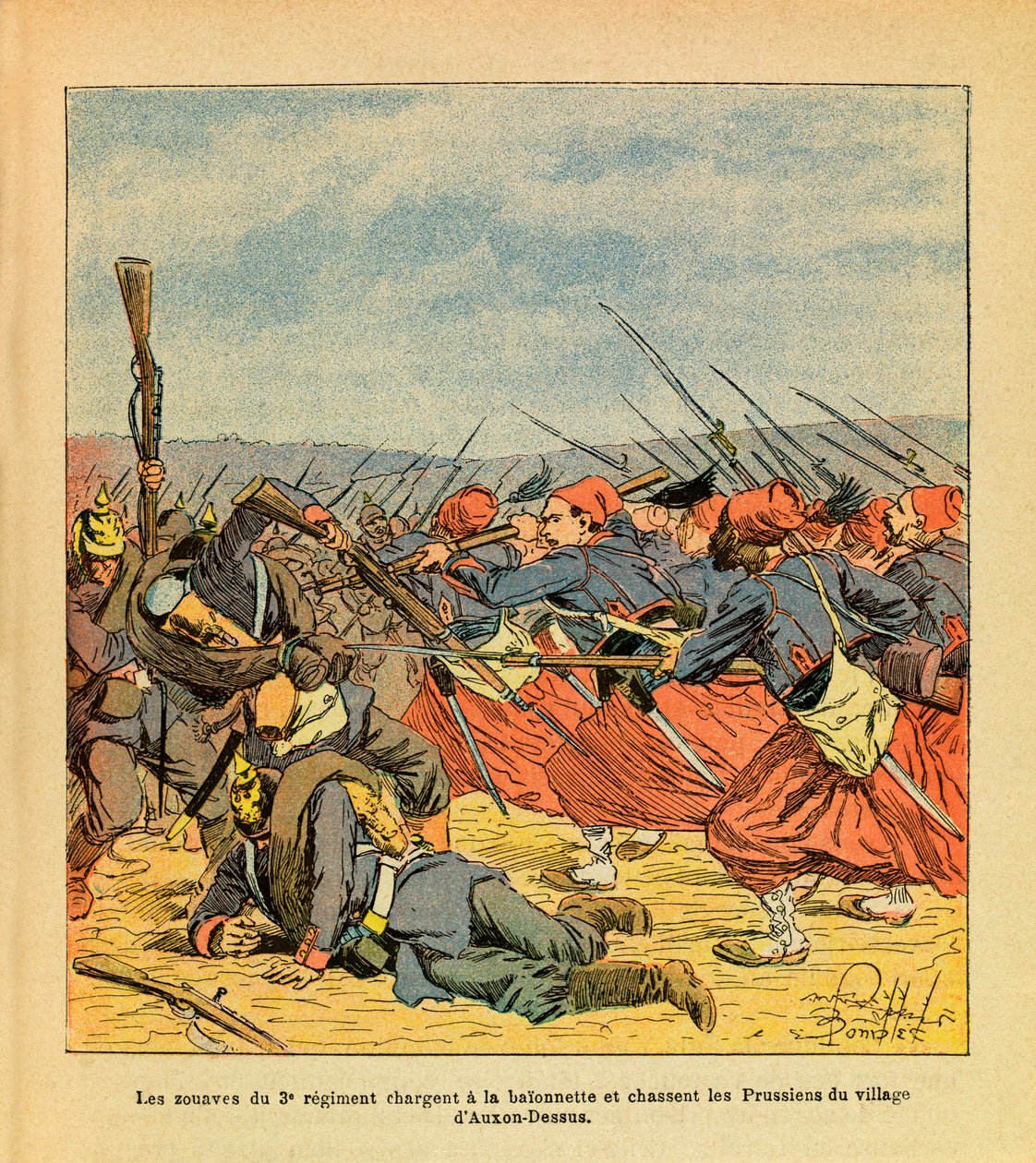 The Eastern Armee of Eugene Sergeant, dit Grenest, illustreret af Louis Bombled (1862-1927) (fransk-tyske krig; kampagne 1870-1871): Zouaverne fra 3. regiment angriber en baionette og driver preusserne ud af landsbyen Auxon-Dessus under t af Louis Charles Bombled