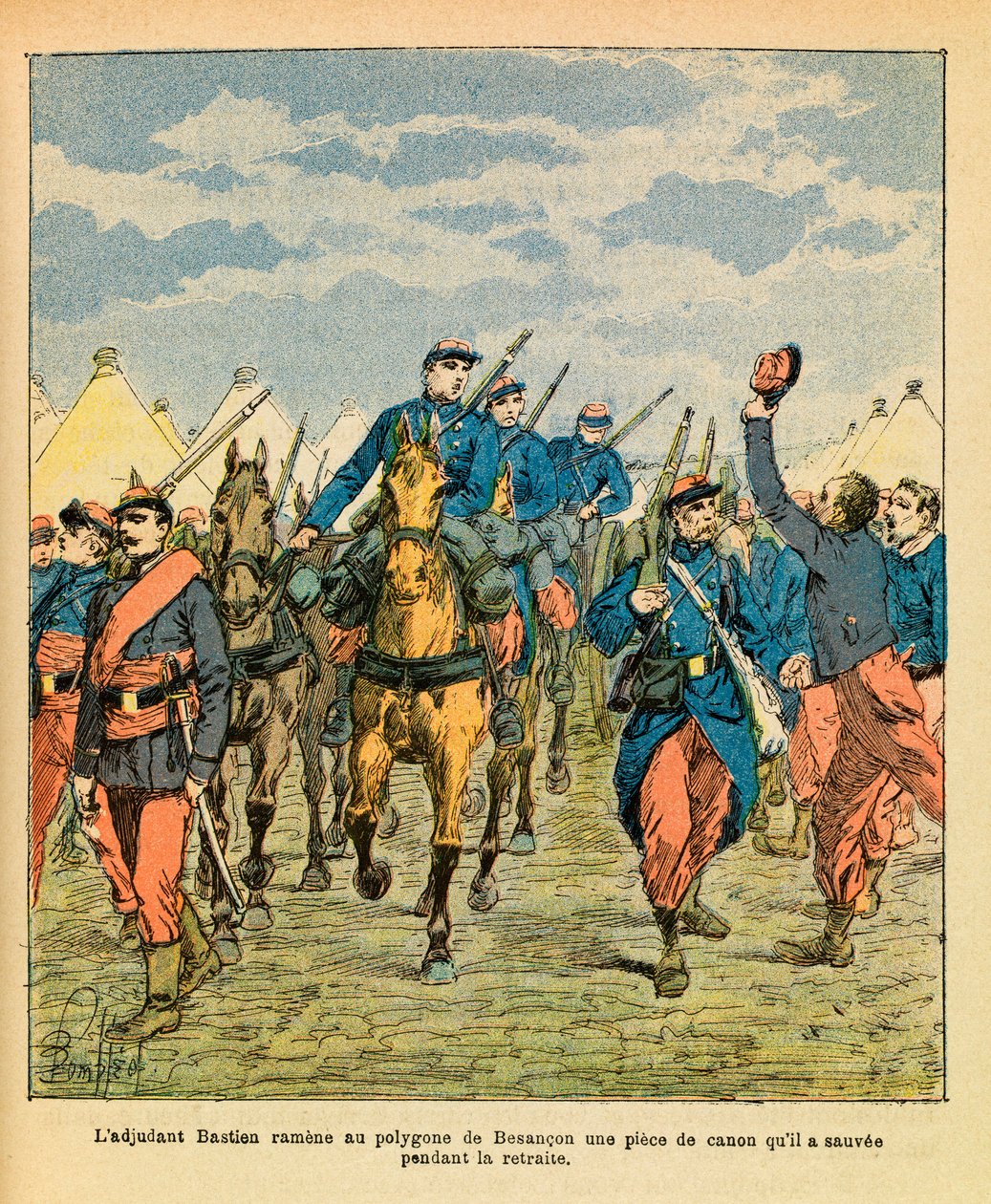The Eastern Armee of Eugene Sergeant, dit Grenest, illustreret af Louis Bombled (1862-1927) (fransk-tyske krig; kampagne 1870 -1871): Warrant Officer Bastien fra den 32. marts, bragte et stykke tilbage til Besancon-polygonen af kanon, som han reddede duri af Louis Charles Bombled