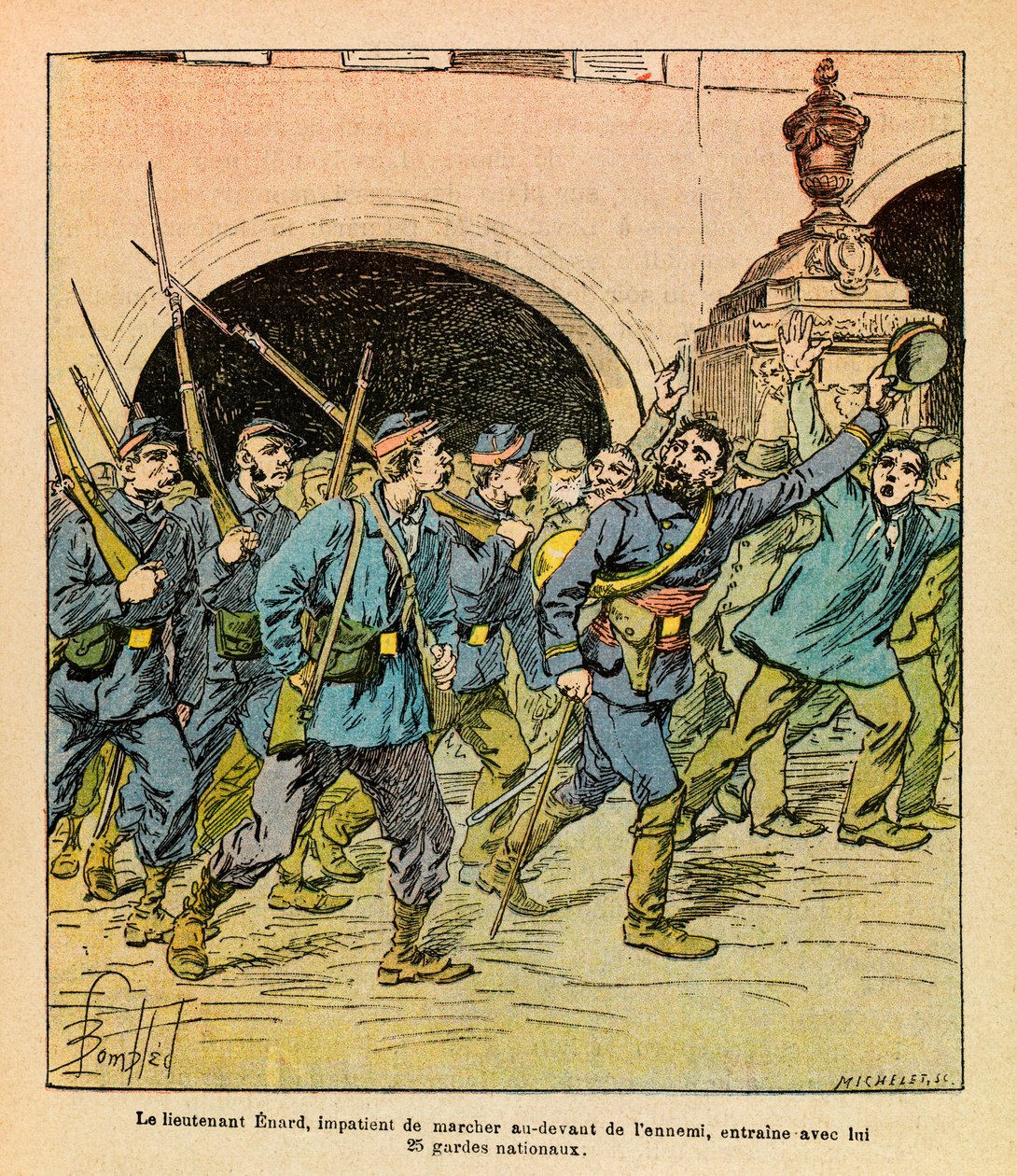 The Eastern Armee of Eugene Sergeant, dit Grenest, illustreret af Louis Bombled (1862-1927) (fransk-tyske krig; kampagne 1870-1871): Under kampene ved Epinal i oktober 1870 gik løjtnant Enard ivrigt foran fjenden. førte Nati med sig af Louis Charles Bombled