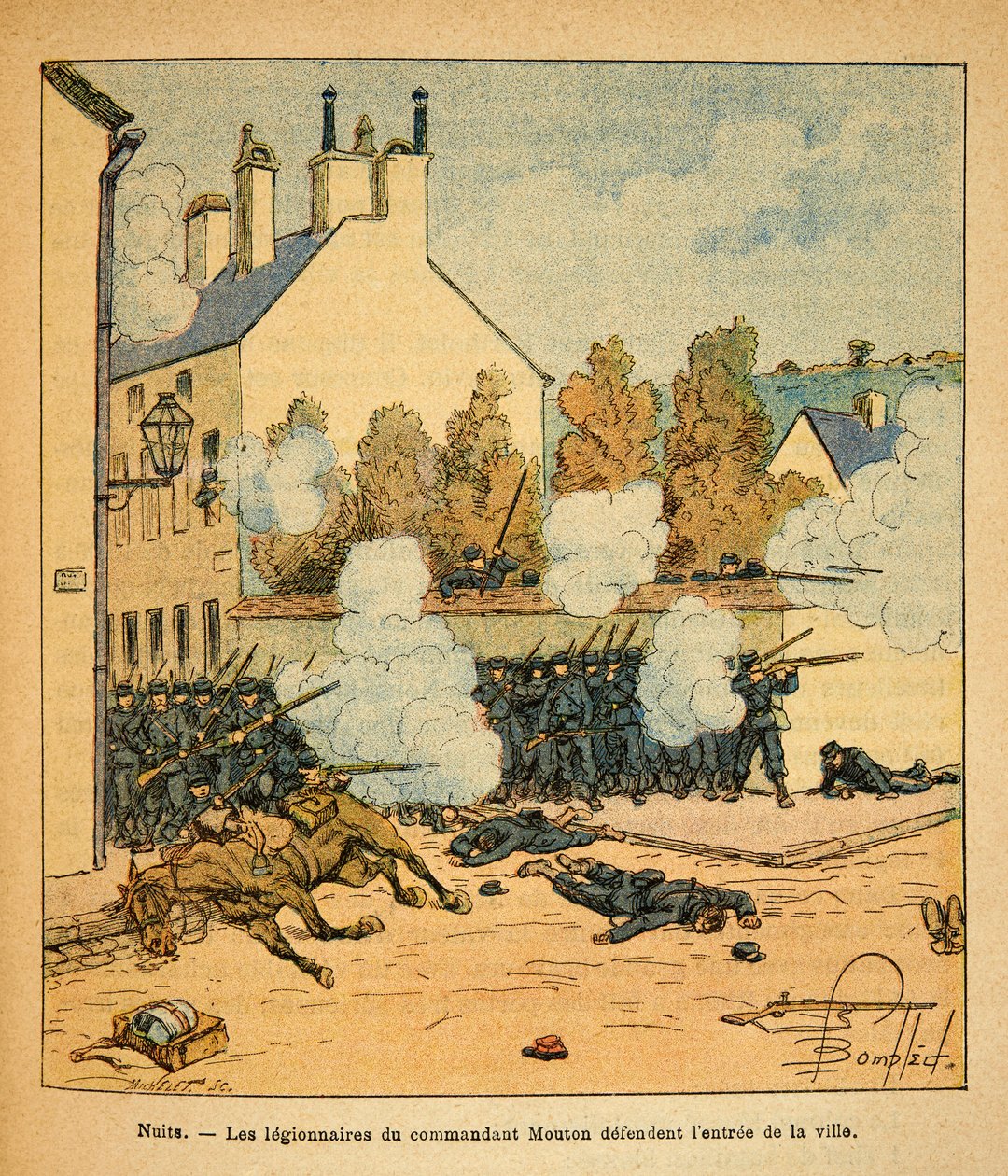 The Eastern Armee of Eugene Sergeant, kendt som Grenest, illustreret af Louis Bombled (1862-1927) (fransk-tyske krig; kampagne 1870 -1871): Battle of Nights Saint Georges, kommandant Moutons legionærer forsvarer indgangen til byen , Privat Colle af Louis Charles Bombled