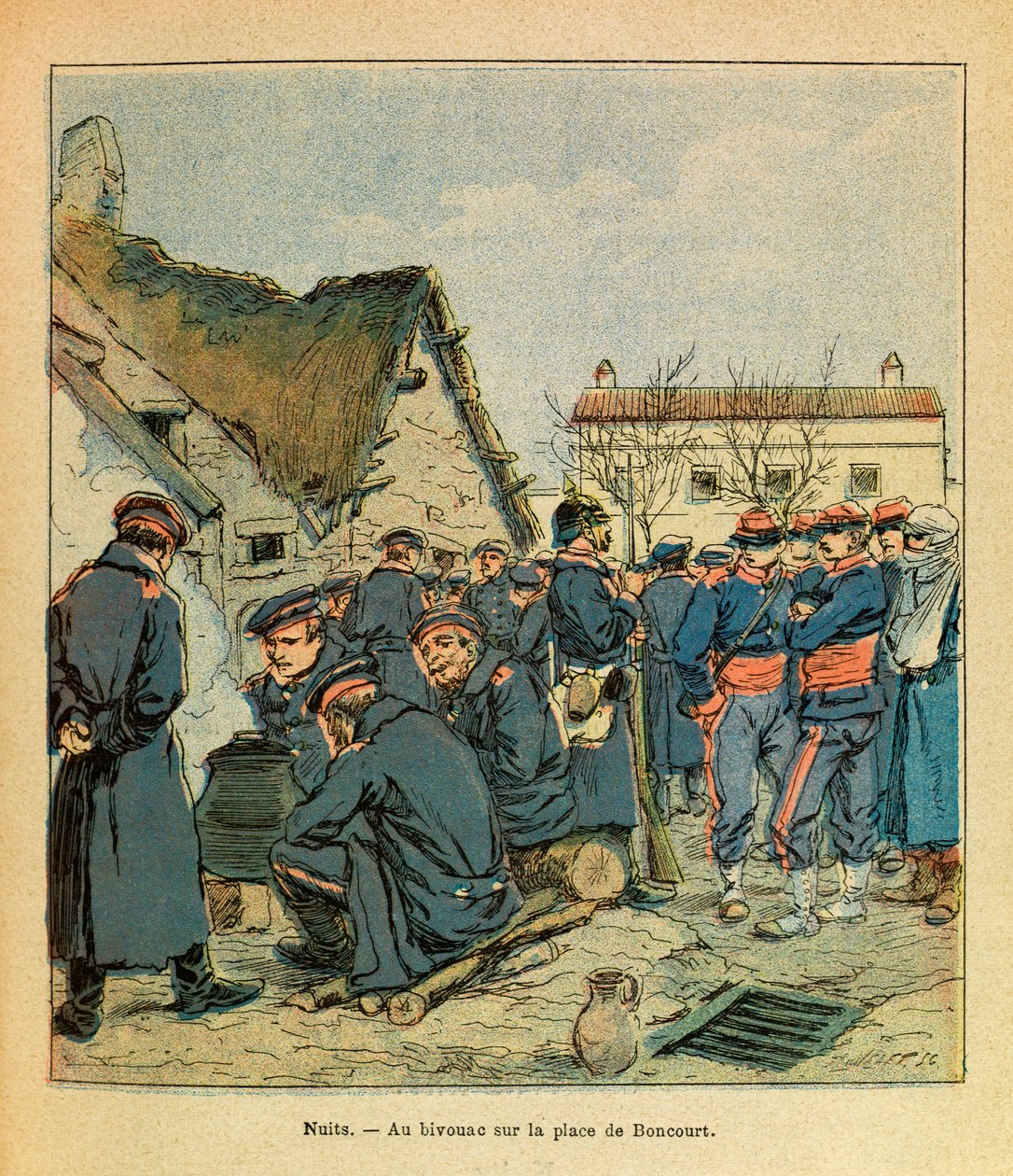 The Eastern Armee of Eugene Sergeant, kendt som Grenest, illustreret af Louis Bombled (1862-1927) (fransk-tyske krig; kampagne 1870 -1871): Battle of Nights Saint Georges, tysk bivuak på Place de Boncourt med franske fanger, Privat samling af Louis Charles Bombled