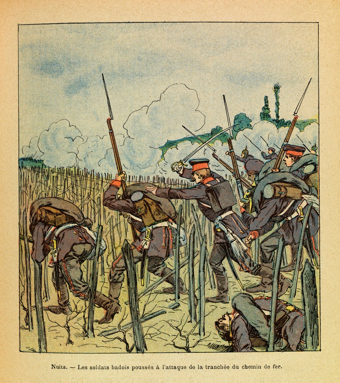 The Eastern Armee of Eugene Sergeant, kendt som Grenest, illustreret af Louis Bombled (1862-1927) (fransk-tyske krig; kampagne 1870 -1871): Battle of Nights Saint Georges; Badois-soldater angreb sektionen af jernbanen i december 1870, menig Coll af Louis Charles Bombled