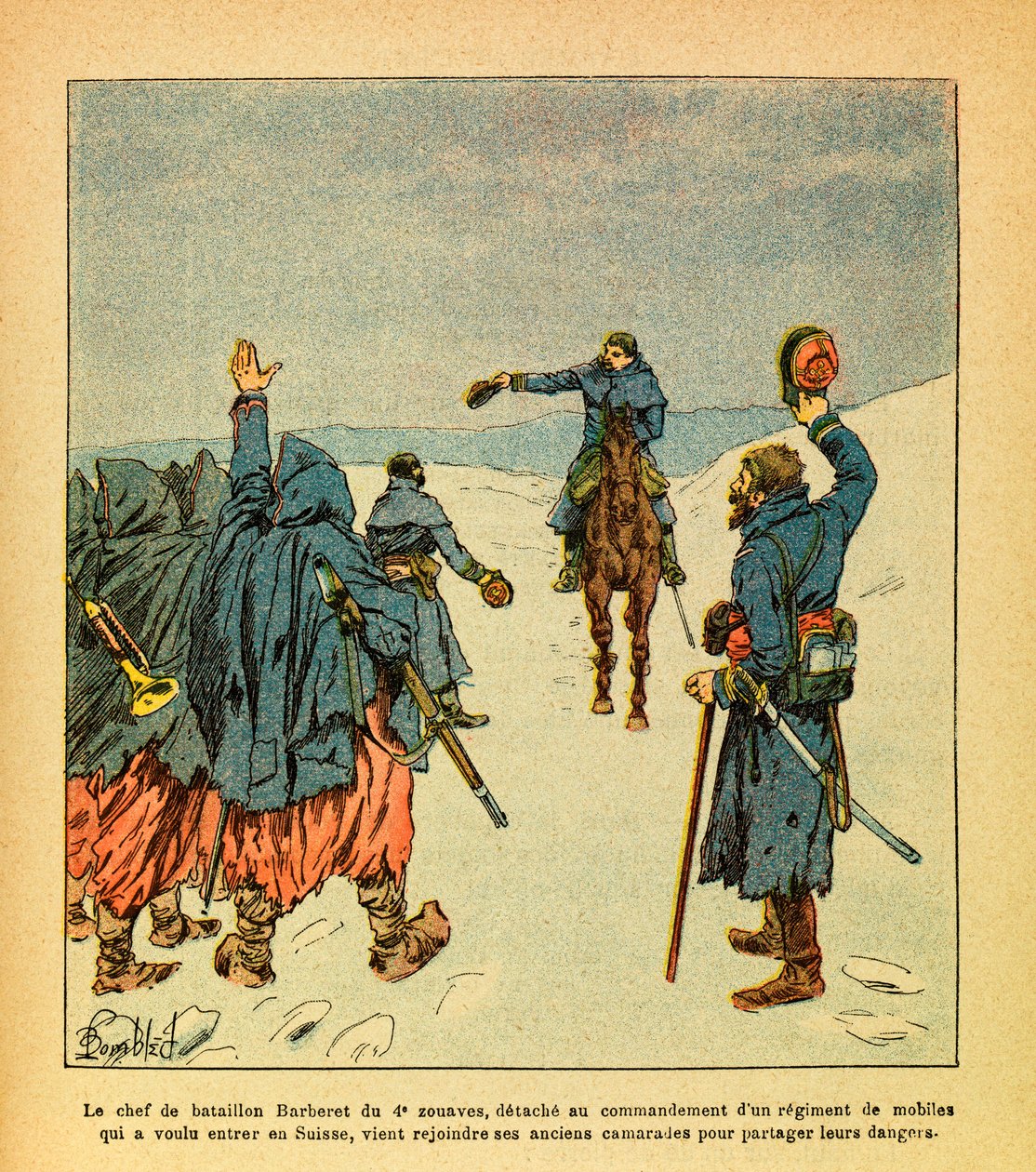 The Eastern Armee of Eugene Sergeant, kendt som Grenest, illustreret af Louis Bombled (1862-1927) (fransk-tyske krig; kampagne 1870 -1871): Lederen af Barberet-bataljonerne i 4. Zouaves, løsrive sig for at lede et regiment af mobil som ville af Louis Charles Bombled