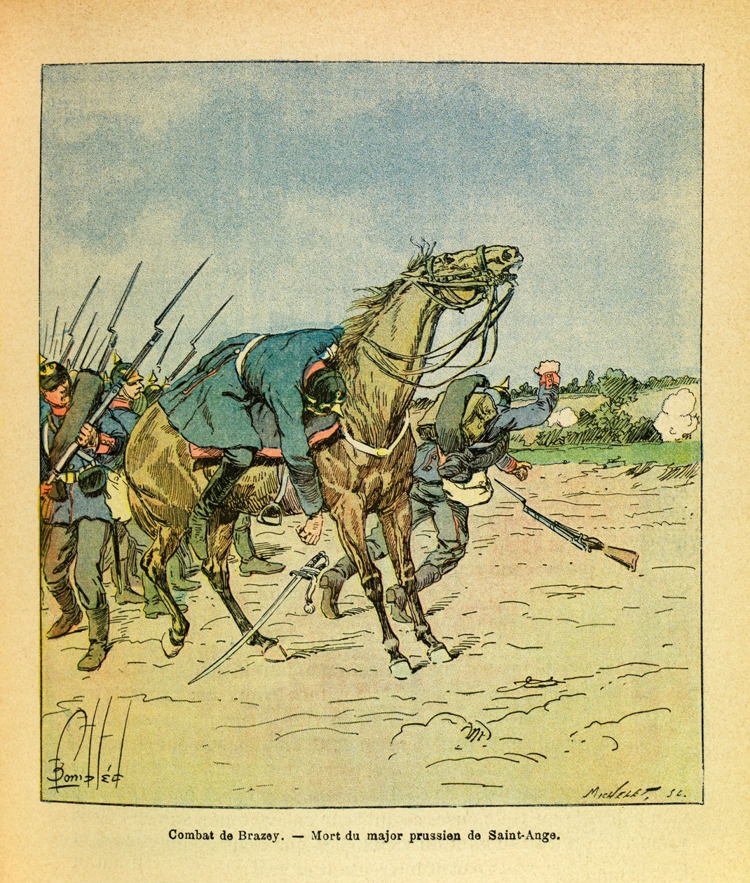 The Eastern Armee of Eugene Sergeant, kendt som Grenest, illustreret af Louis Bombled (1862-1927) (fransk-tyske krig; kampagne 1870-1871): November 1870, under kampene ved Brazey, bliver major preussisk Saint Ange skudt ned, Privat samling af Louis Charles Bombled