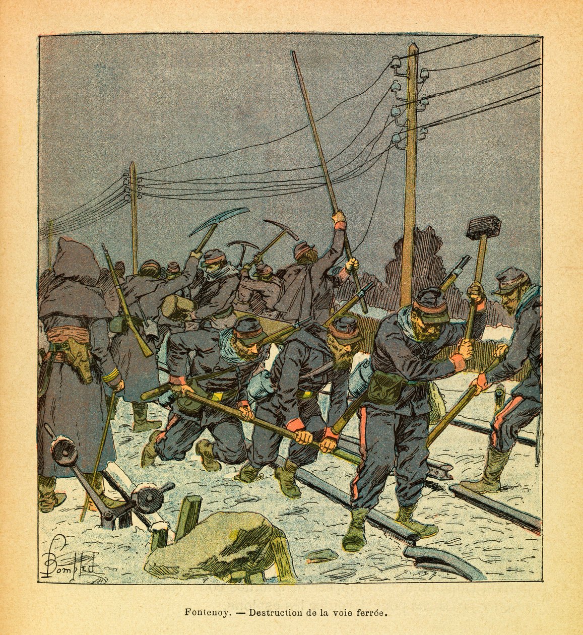 The Eastern Armee of Eugene Sergeant, kendt som Grenest, illustreret af Louis Bombled (1862-1927) (fransk-tyske krig; kampagne 1870 -1871): Fontenoy, ødelæggelse af jernbanen, privat samling af Louis Charles Bombled