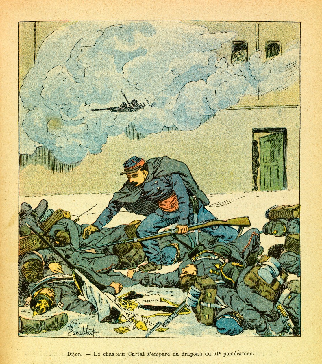 The Eastern Armee of Eugene Sergeant, kendt som Grenest, illustreret af Louis Bombled (1862-1927) (fransk-tyske krig; kampagne 1870 -1871): Dijon, januar 1871, beslaglagde jægeren Victor Curtat flaget af 61 Pomeranian, menig Kollektion af Louis Charles Bombled