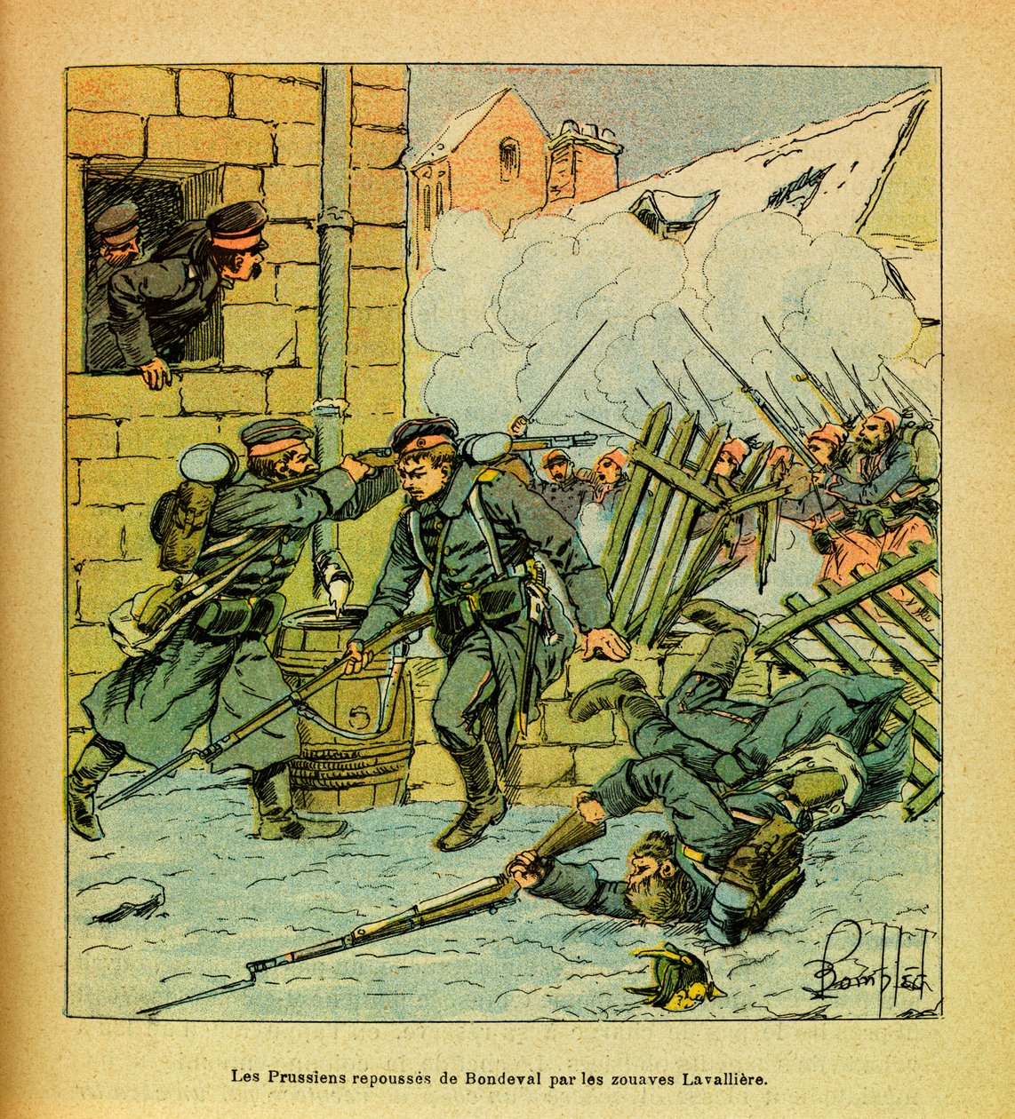 The Eastern Armee of Eugene Sergeant, kendt som Grenest, illustreret af Louis Bombled (1862-1927) (den fransk-tyske krig; kampagne 1870 -1871): Januar 1871 blev preusserne skubbet tilbage fra landsbyen Bondeval af Zouaves Lavalliere, Privat samling af Louis Charles Bombled