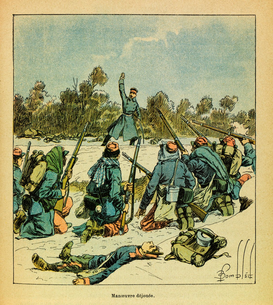 The Eastern Armee of Eugene Sergeant, kendt som Grenest, illustreret af Louis Bombled (1862-1927) (fransk-tyske krig; kampagne 1870 -1871): januar 1871, Hericourt, franskmændene mod preusserne, privat samling af Louis Charles Bombled