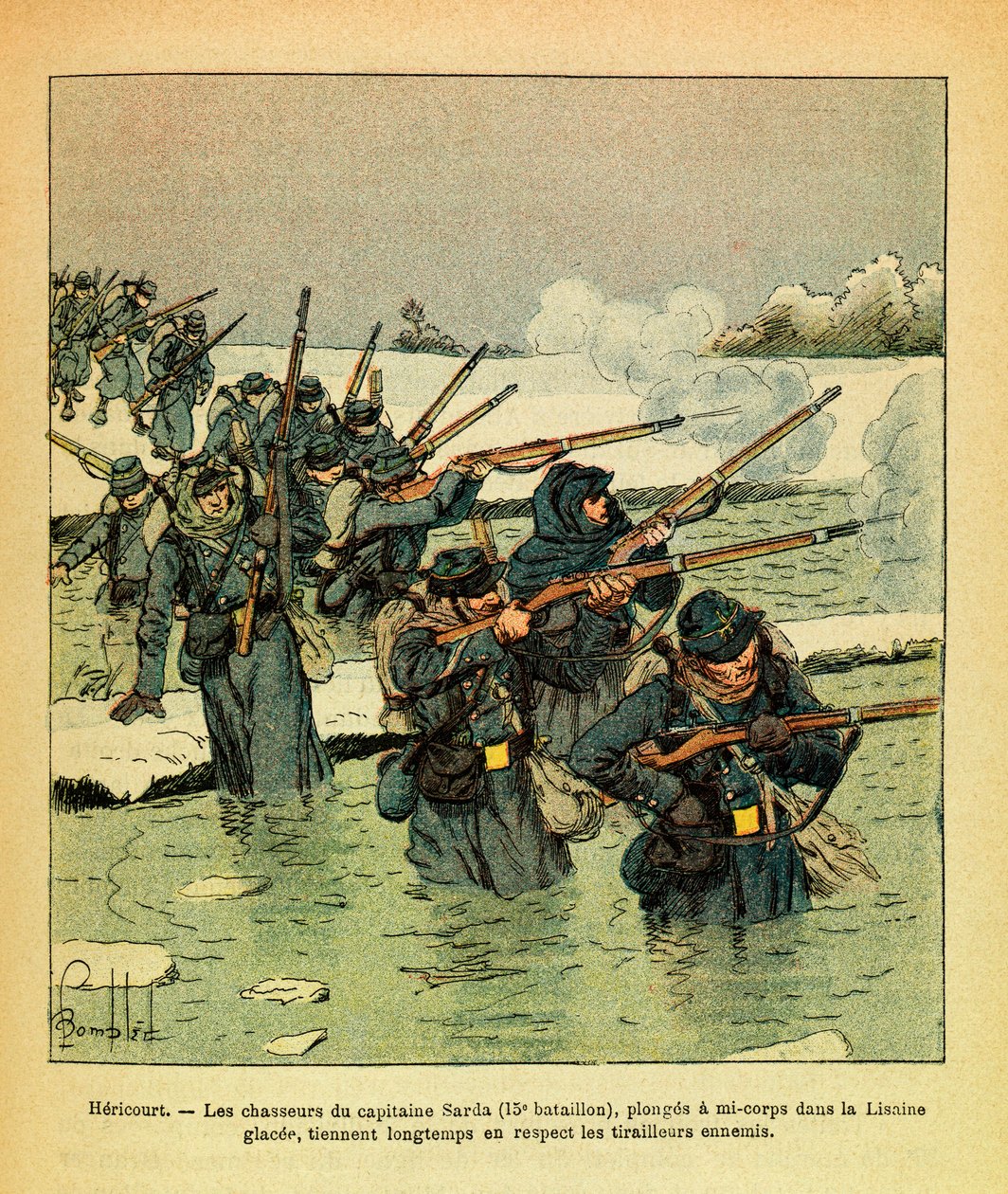 The Eastern Armee of Eugene Sergeant, kendt som Grenest, illustreret af Louis Bombled (1862-1927) (fransk-tyske krig; kampagne 1870 -1871): Januar 1871, Hericourt, kaptajn Sardas jægere dykker halvkrop i isen Lisaine, hold i lang tid fjende af Louis Charles Bombled