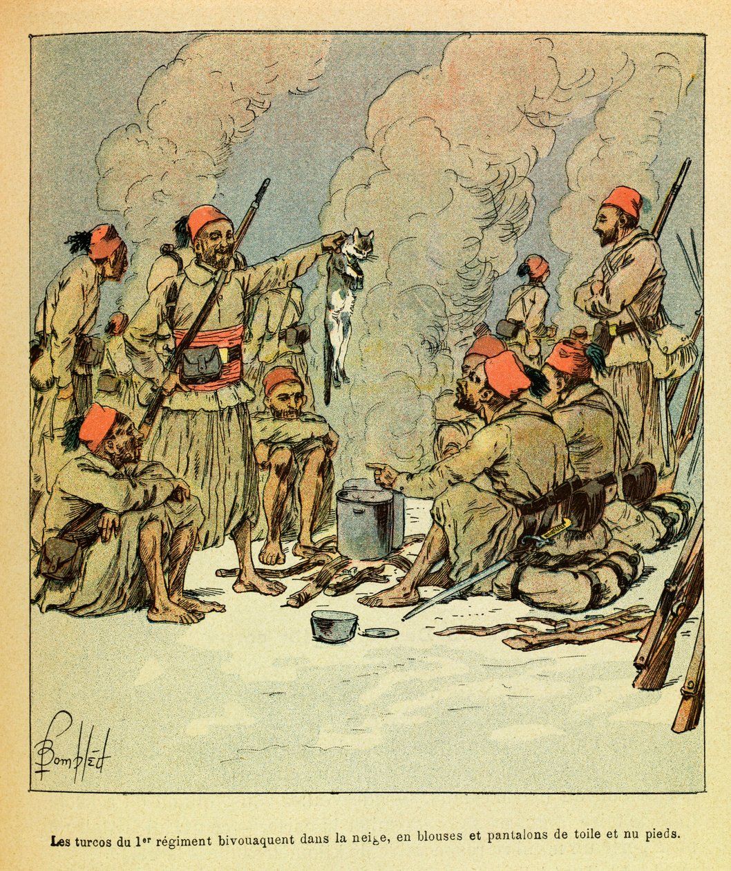 The Eastern Armee of Eugene Sergeant, kendt som Grenest, illustreret af Louis Bombled (1862-1927) (den fransk-tyske krig; kampagne 1870 -1871): Januar 1871, 1. regiments turcos bivuaenter i sneen, i bluser og bukser af kanvas og bare fee af Louis Charles Bombled