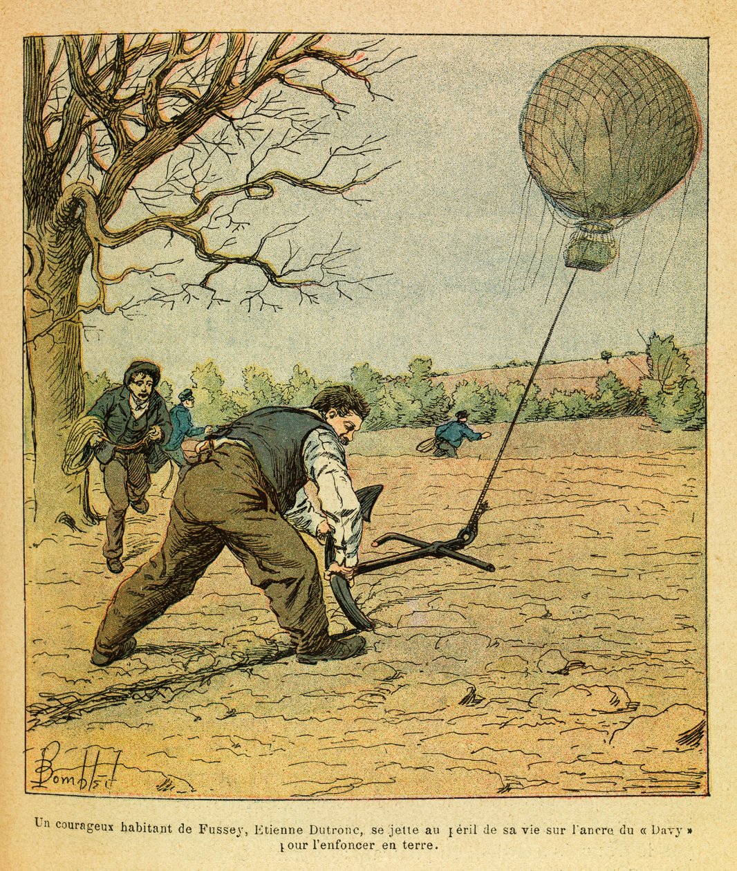 The Eastern Armee of Eugene Sergeant, kendt som Grenest, illustreret af Louis Bombled (1862-1927) (fransk-tyske krig; kampagne 1870 -1871): Battle of Nights Saint Georges; bønder forsøger at holde en observationsballon, privat samling af Louis Charles Bombled