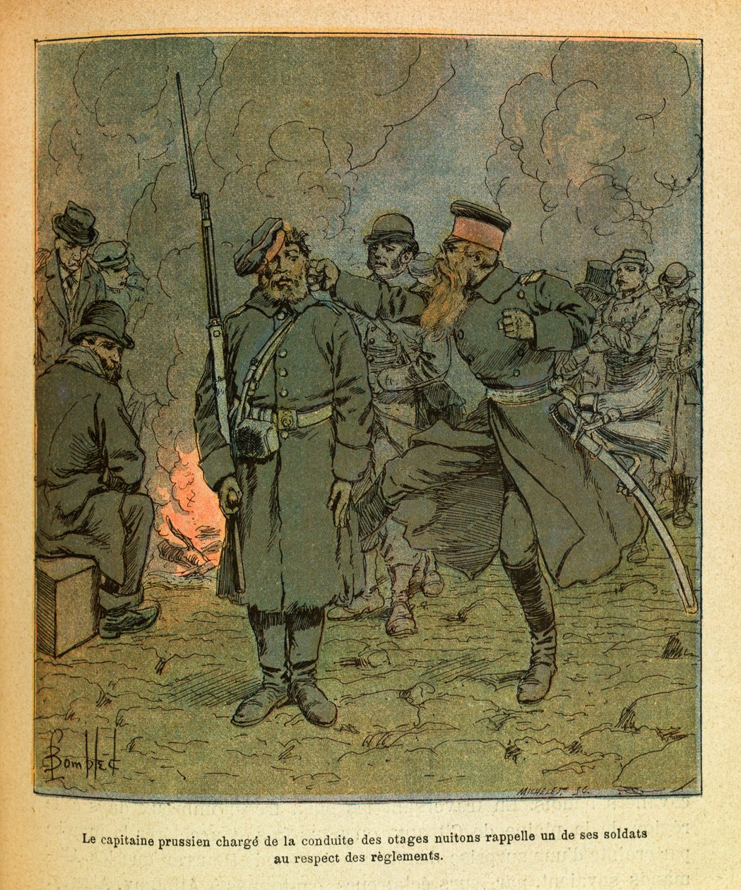 The Eastern Armee of Eugene Sergeant, kendt som Grenest, illustreret af Louis Bombled (1862-1927) (den fransk-tyske krig; kampagnen 1870-1871): En preussisk kaptajn med ansvar for adfærden af gidslerne i Nuits Saint Georges minder om en af hans soldater i  af Louis Charles Bombled