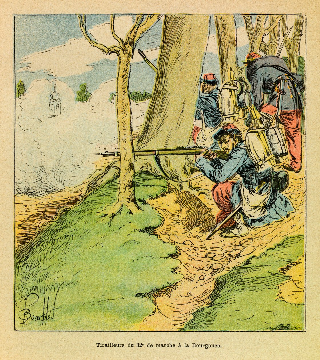 The Eastern Armee of Eugene Sergeant, kendt som Grenest, illustreret af Louis Bombled (1862-1927) (fransk-tyske krig; kampagne 1870-1871): Under ordre fra general Dupre, en skomand fra den 32. march i slaget ved La Bourgonce i oktober 1870, Priva af Louis Charles Bombled