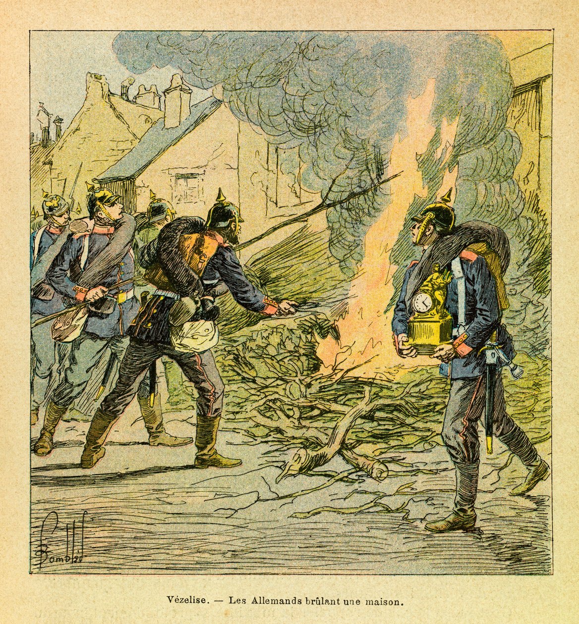 The Eastern Armee of Eugene Sergeant, kendt som Grenest, illustreret af Louis Bombled (1862-1927) (fransk-tyske krig; kampagne 1870-1871): I Vezelise brænder preusserne efter at have invaderet byen et hus, privat samling af Louis Charles Bombled