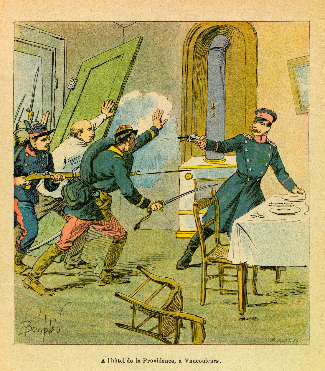 The Eastern Armee of Eugene Sergeant, kendt som Grenest, illustreret af Louis Bombled (1862-1927) (fransk-tyske krig; kampagne 1870 -1871): En preussisk officer taget til fange af franske motiver i Vaucouleurs, privat samling af Louis Charles Bombled