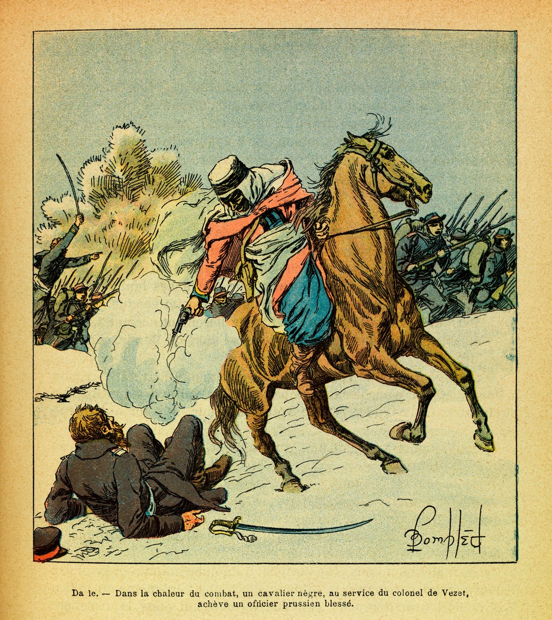 The Eastern Armee of Eugene Sergeant, kendt som Grenest, illustreret af Louis Bombled (1862-1927) (fransk-tyske krig; kampagne 1870 -1871): Januar 1871 fuldender en sort rytter i oberst De Vezets tjeneste en preussisk officer såret, Samling Pa af Louis Charles Bombled