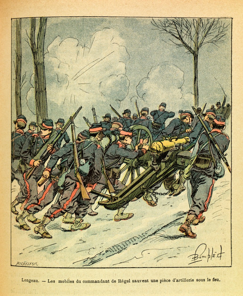 The Eastern Armee of Eugene Sergeant, kendt som Grenest, illustreret af Louis Bombled (1862-1927) (den fransk-tyske krig; kampagnen 1870-1871): December 1870, under slaget ved Longeau, reddede motiverne af kommandanten af Regel en kanon under fjendens gran af Louis Charles Bombled