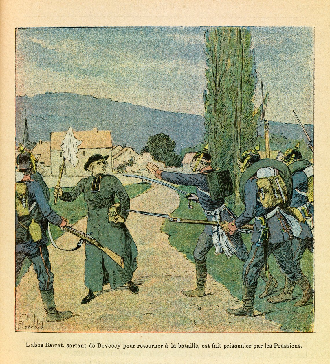 The Eastern Armee of Eugene Sergeant, kendt som Grenest, illustreret af Louis Bombled (1862-1927) (fransk-tyske krig; kampagne 1870-1871): Abbe Barret, der forlod Devecey for at slutte sig til franskmændene, blev taget til fange af preusserne under kampene af Louis Charles Bombled