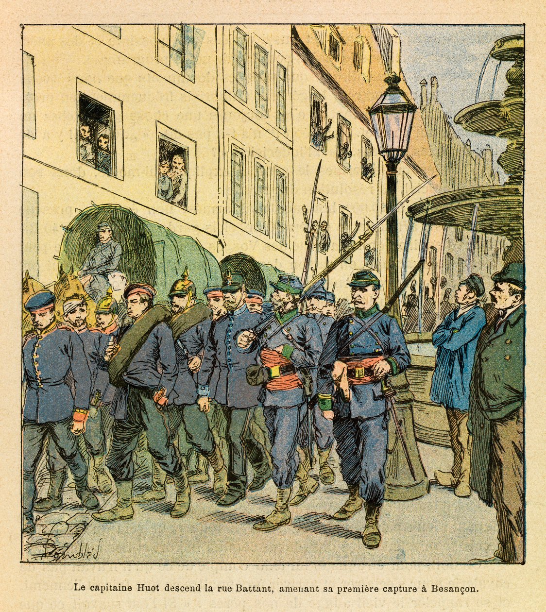 The Eastern Armee of Eugene Sergeant, kendt som Grenest, illustreret af Louis Bombled (1862-1927) (den fransk-tyske krig; kampagne 1870-1871): Kaptajn Huot går ned Rue Battant i Besancon med preussiske fanger fanget i Bethoncourt les Brotte i oktober af Louis Charles Bombled