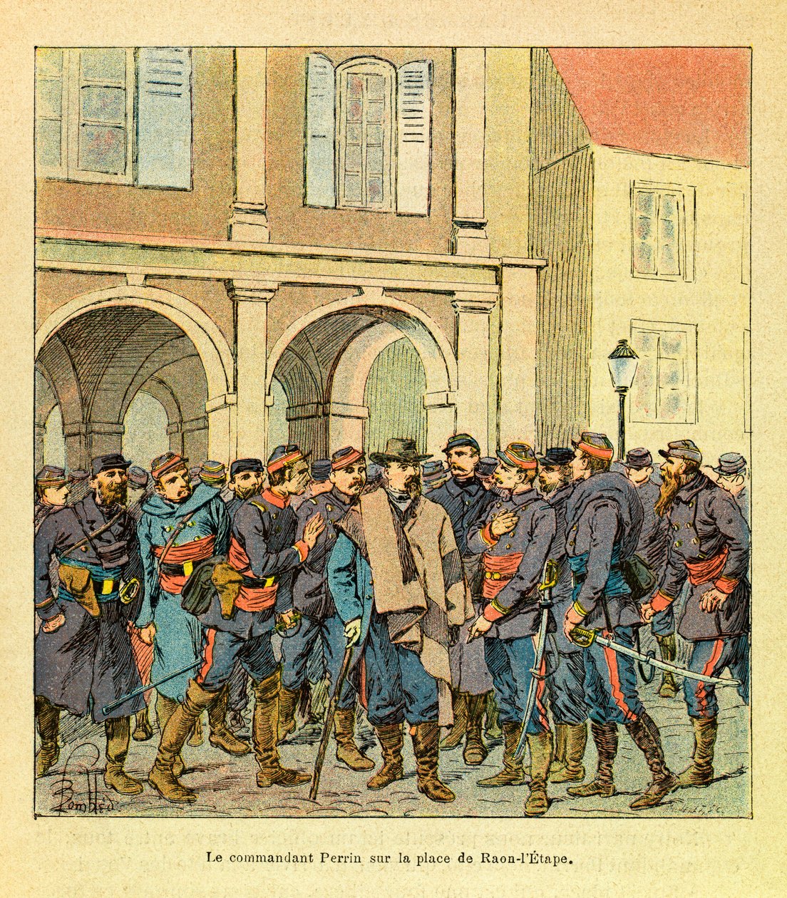 The Eastern Armee of Eugene Sergeant, kendt som Grenest, illustreret af Louis Bombled (1862-1927) (fransk-tyske krig; kampagne 1870 -1871): kommandør Perrin på Place de Raon-l